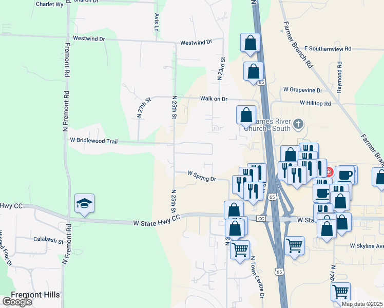 map of restaurants, bars, coffee shops, grocery stores, and more near West Deerbrooke Trail in Ozark