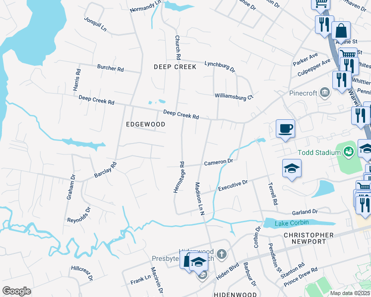 map of restaurants, bars, coffee shops, grocery stores, and more near 134 Hermitage Road in Newport News