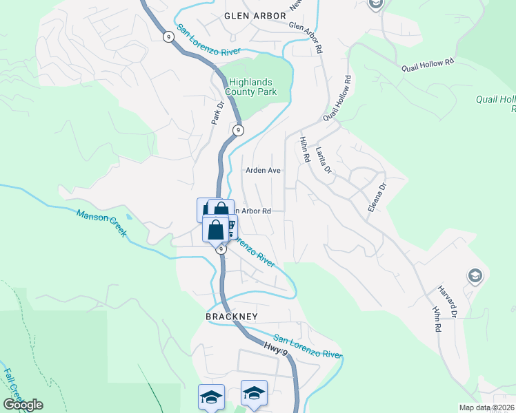 map of restaurants, bars, coffee shops, grocery stores, and more near 8215 Glen Arbor Road in Ben Lomond