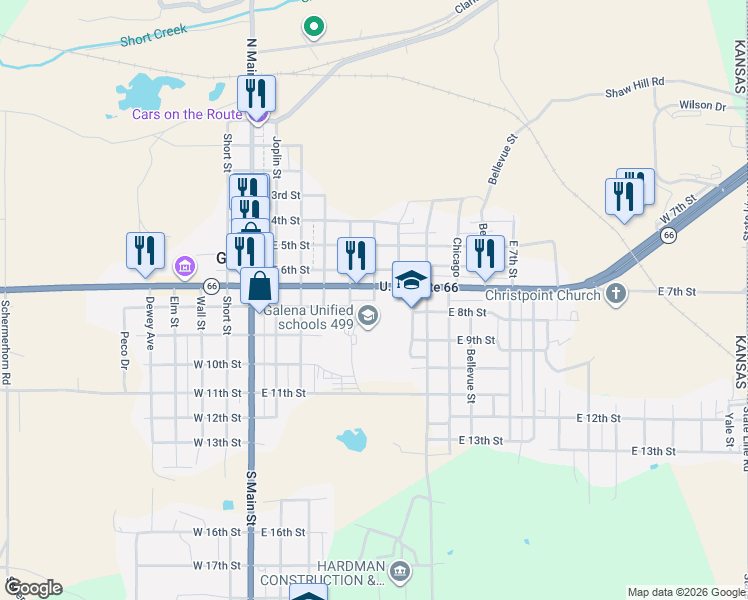 map of restaurants, bars, coffee shops, grocery stores, and more near 598 East 8th Street in Galena