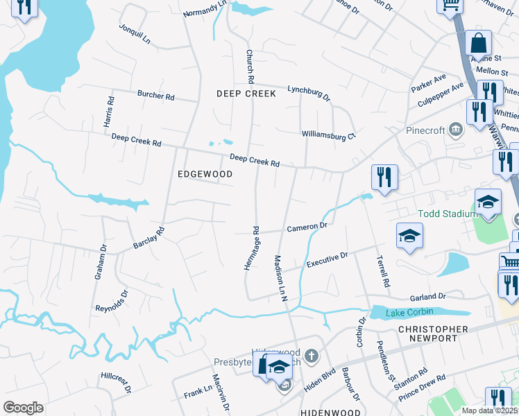 map of restaurants, bars, coffee shops, grocery stores, and more near 134 Hermitage Road in Newport News