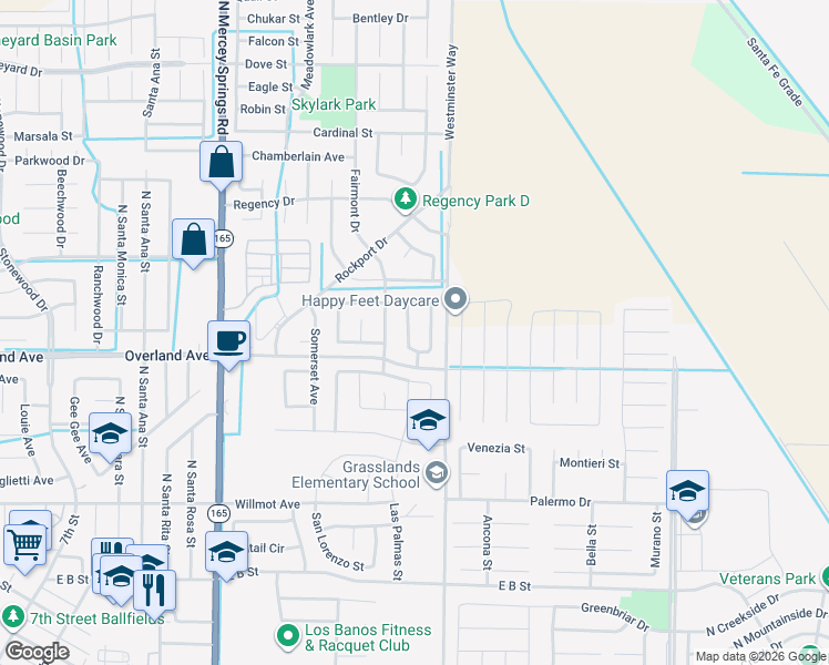 map of restaurants, bars, coffee shops, grocery stores, and more near 403 Morena Drive in Los Banos