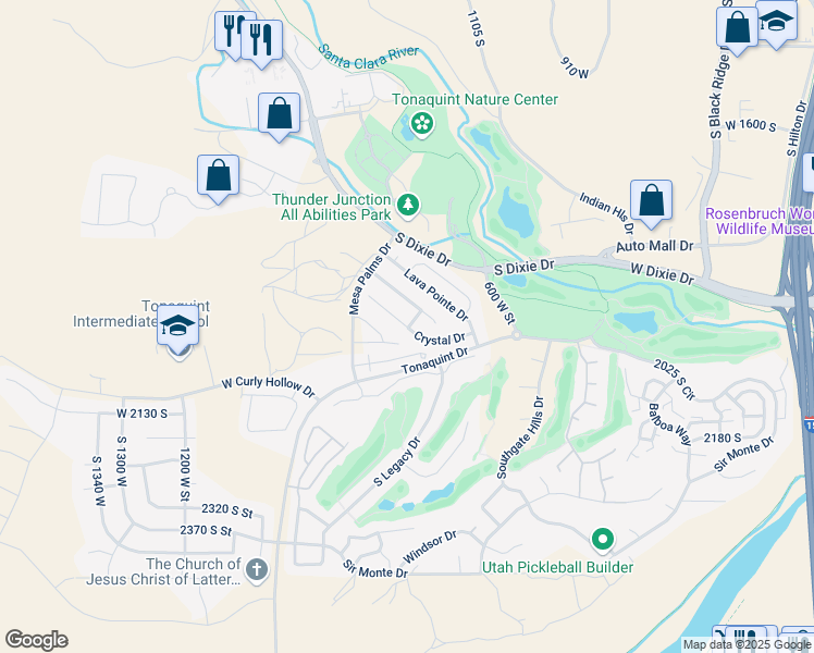 map of restaurants, bars, coffee shops, grocery stores, and more near 671 West Crystal Circle in St. George