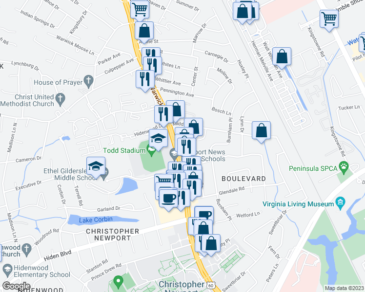 map of restaurants, bars, coffee shops, grocery stores, and more near 12482 Warwick Boulevard in Newport News