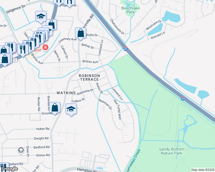 map of restaurants, bars, coffee shops, grocery stores, and more near 648 Kelso Drive in Newport News