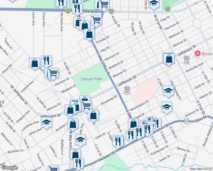 map of restaurants, bars, coffee shops, grocery stores, and more near 2919 Jefferson Street in Paducah