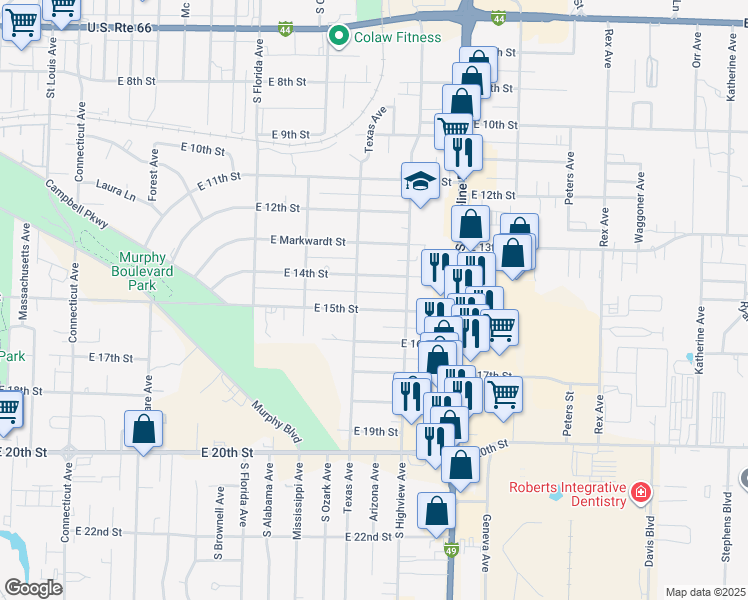 map of restaurants, bars, coffee shops, grocery stores, and more near 1501-1553 Texas Ave in Joplin