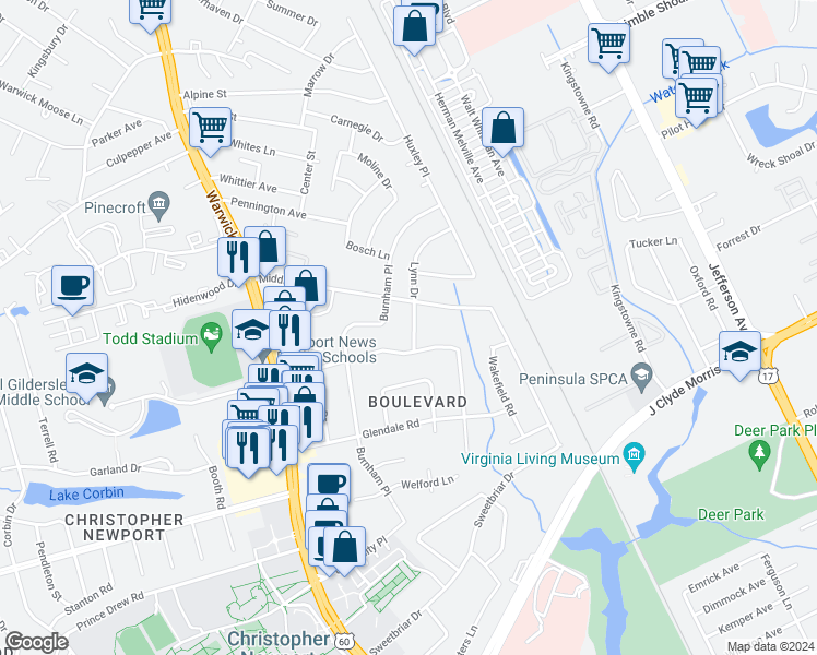 map of restaurants, bars, coffee shops, grocery stores, and more near 5 Lynn Drive in Newport News