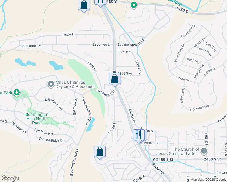 map of restaurants, bars, coffee shops, grocery stores, and more near 2050 South 1400 East in St. George