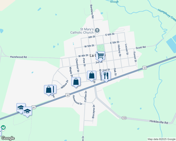 map of restaurants, bars, coffee shops, grocery stores, and more near 2nd Street in La Center