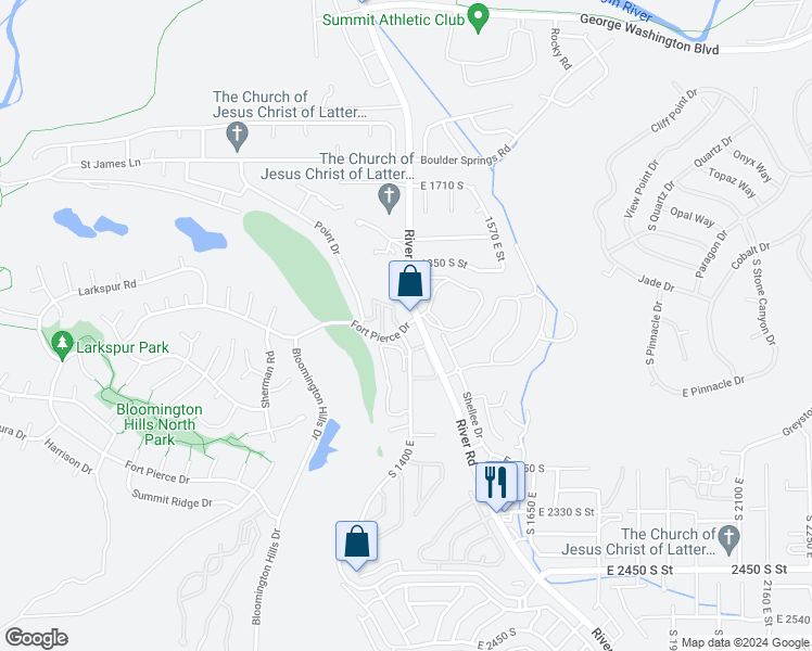 map of restaurants, bars, coffee shops, grocery stores, and more near 1365 East Fort Pierce Drive in St. George