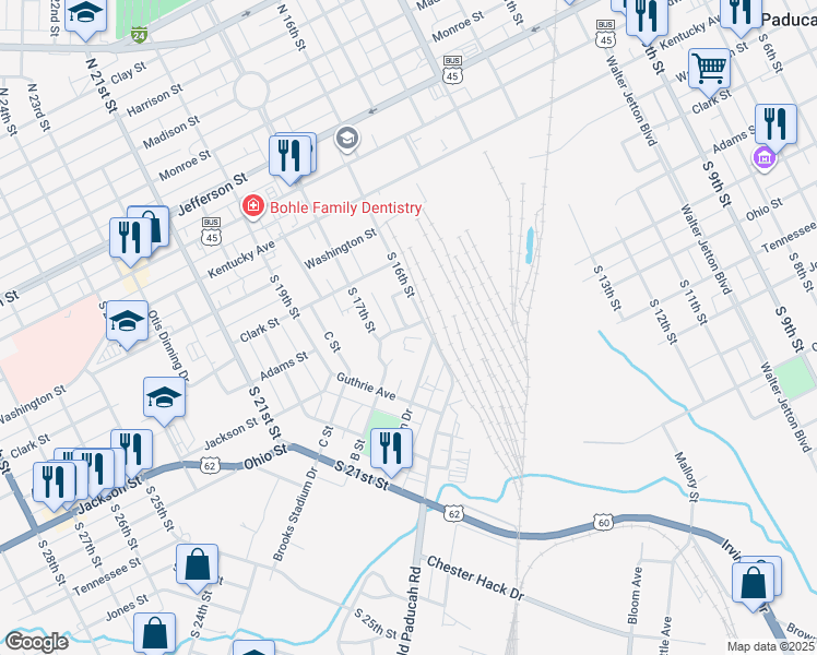 map of restaurants, bars, coffee shops, grocery stores, and more near 1800 Adams Street in Paducah