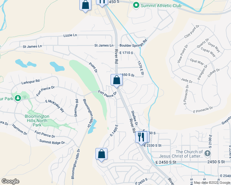 map of restaurants, bars, coffee shops, grocery stores, and more near 1365 East Fort Pierce Drive in St. George