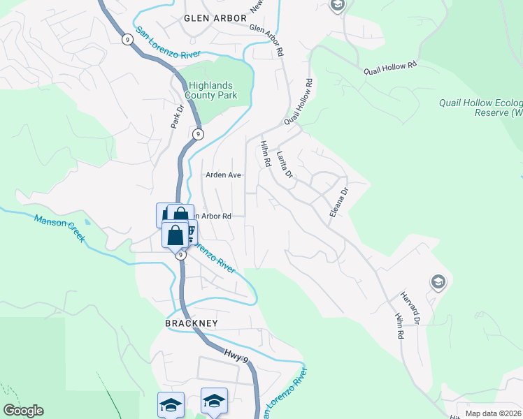 map of restaurants, bars, coffee shops, grocery stores, and more near 523 Balch Way in Ben Lomond
