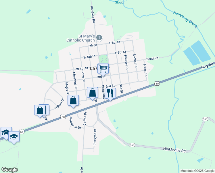 map of restaurants, bars, coffee shops, grocery stores, and more near 2nd St in La Center