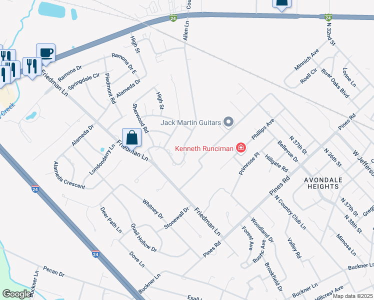 map of restaurants, bars, coffee shops, grocery stores, and more near 1144 Robinwood Drive in Paducah