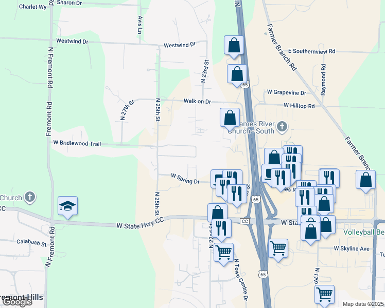 map of restaurants, bars, coffee shops, grocery stores, and more near 2307 West Deerbrooke Trail in Ozark