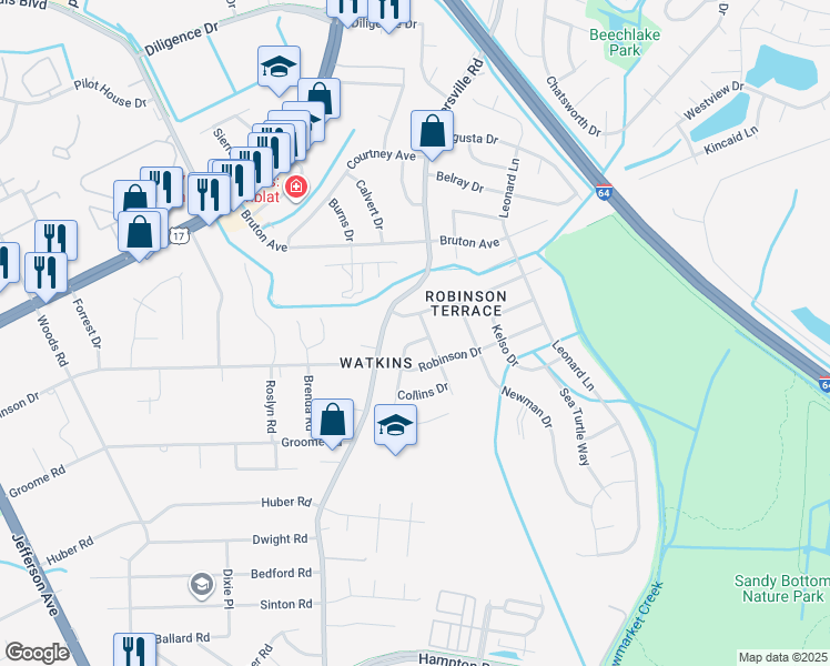 map of restaurants, bars, coffee shops, grocery stores, and more near 657 Daniel Drive in Newport News