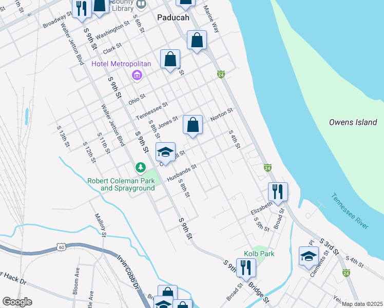 map of restaurants, bars, coffee shops, grocery stores, and more near 649-699 Husbands Street in Paducah