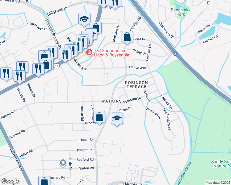 map of restaurants, bars, coffee shops, grocery stores, and more near 662 Harpersville Road in Newport News