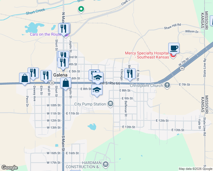 map of restaurants, bars, coffee shops, grocery stores, and more near 702 East 7th Street in Galena