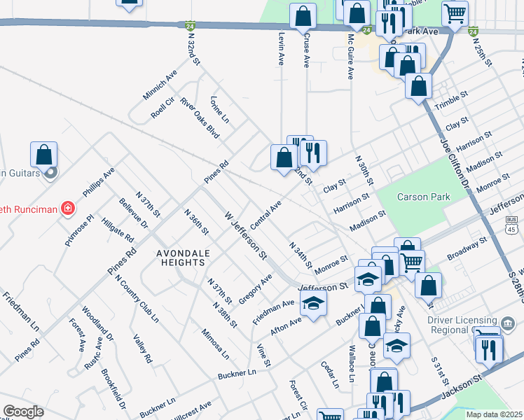 map of restaurants, bars, coffee shops, grocery stores, and more near 624 North 34th Street in Paducah