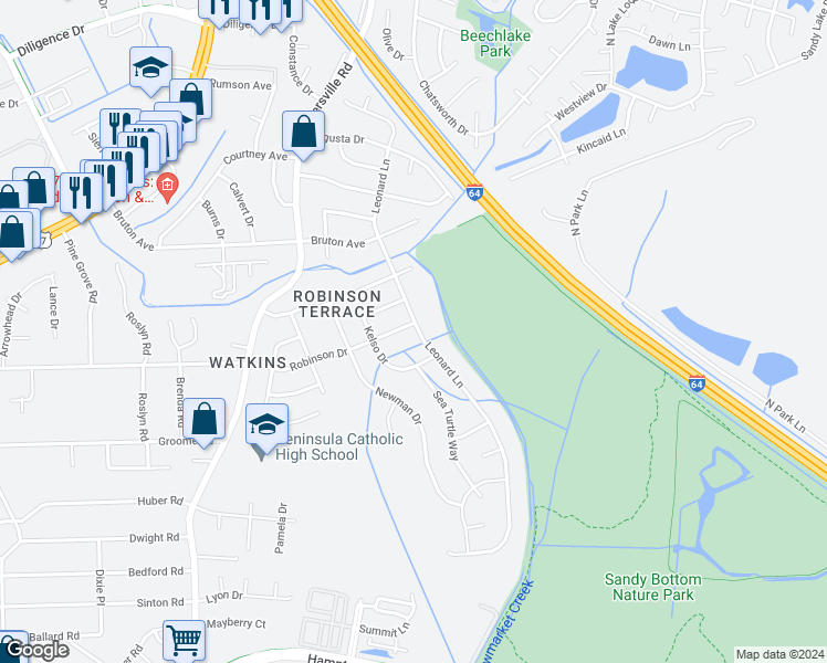 map of restaurants, bars, coffee shops, grocery stores, and more near 254 Robinson Drive in Newport News