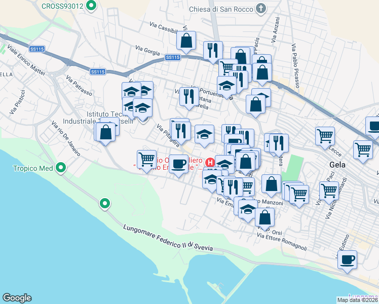 map of restaurants, bars, coffee shops, grocery stores, and more near 205 Via Palazzi in Gela