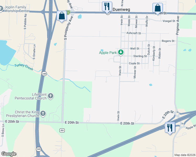 map of restaurants, bars, coffee shops, grocery stores, and more near 406-400 Park Place in Joplin