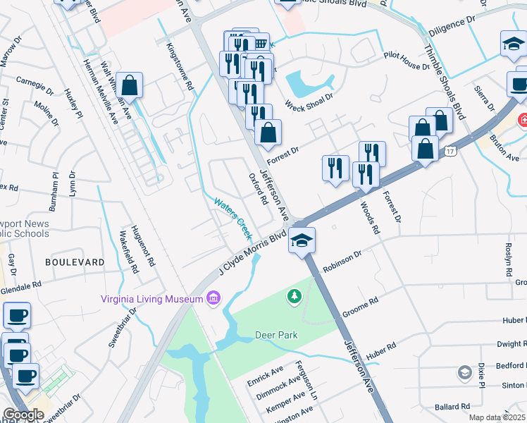 map of restaurants, bars, coffee shops, grocery stores, and more near 10 Matoaka Lane in Newport News