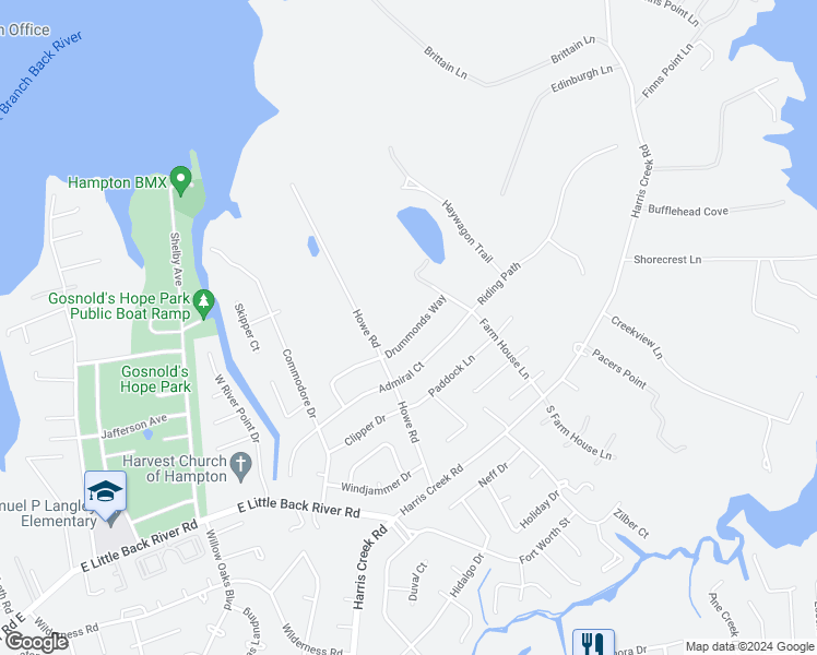 map of restaurants, bars, coffee shops, grocery stores, and more near 209 Drummonds Way in Hampton