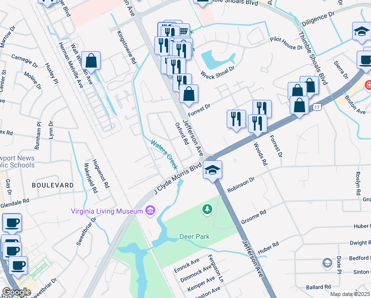 map of restaurants, bars, coffee shops, grocery stores, and more near 10 Matoaka Lane in Newport News