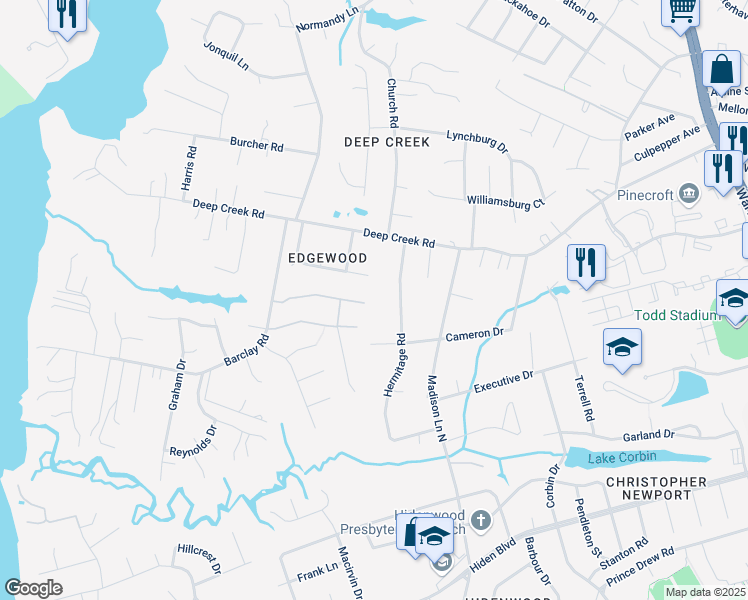 map of restaurants, bars, coffee shops, grocery stores, and more near 225 Steffi Place in Newport News
