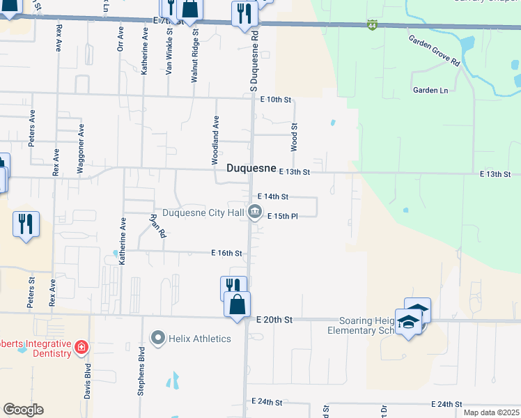 map of restaurants, bars, coffee shops, grocery stores, and more near 1500-1598 S Duquesne Rd in Joplin