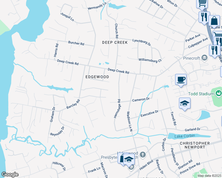 map of restaurants, bars, coffee shops, grocery stores, and more near 225 Steffi Place in Newport News