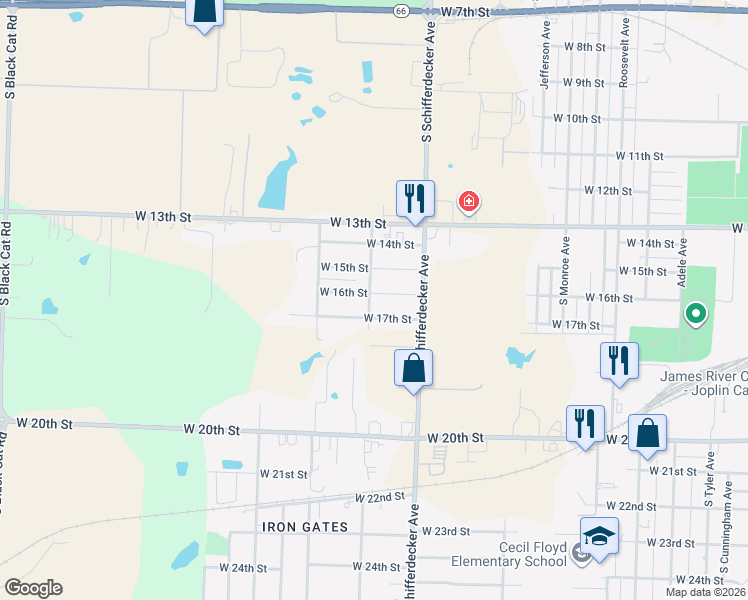 map of restaurants, bars, coffee shops, grocery stores, and more near 2932 West 15th Street in Joplin