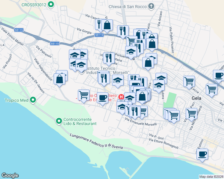 map of restaurants, bars, coffee shops, grocery stores, and more near 90 Via Tigellino in Gela