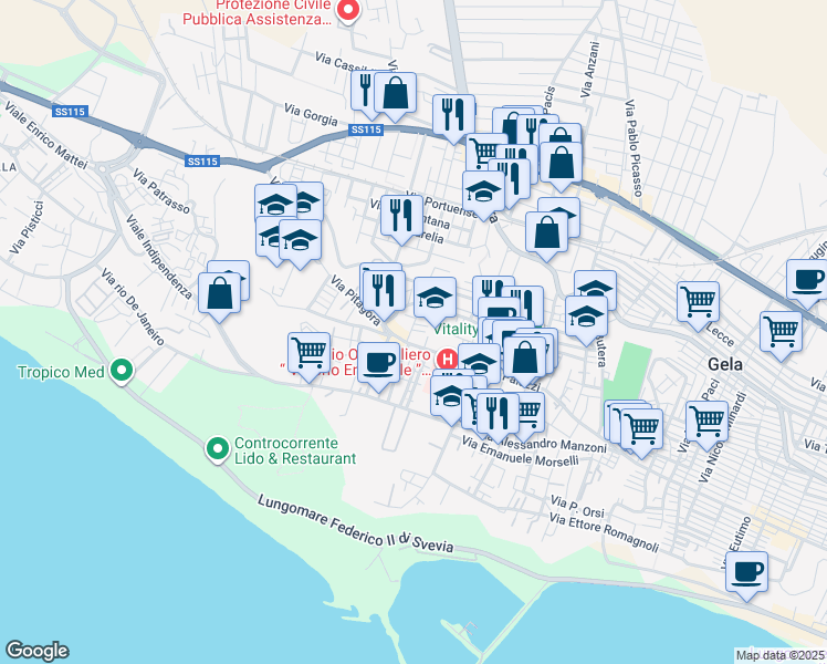 map of restaurants, bars, coffee shops, grocery stores, and more near 90 Via Tigellino in Gela