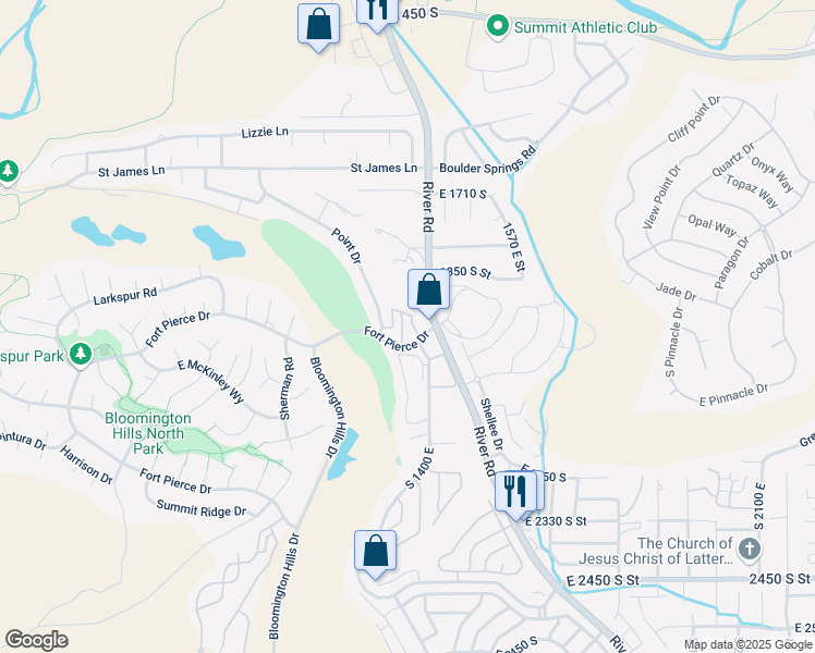 map of restaurants, bars, coffee shops, grocery stores, and more near 1365 East Fort Pierce Drive in St. George