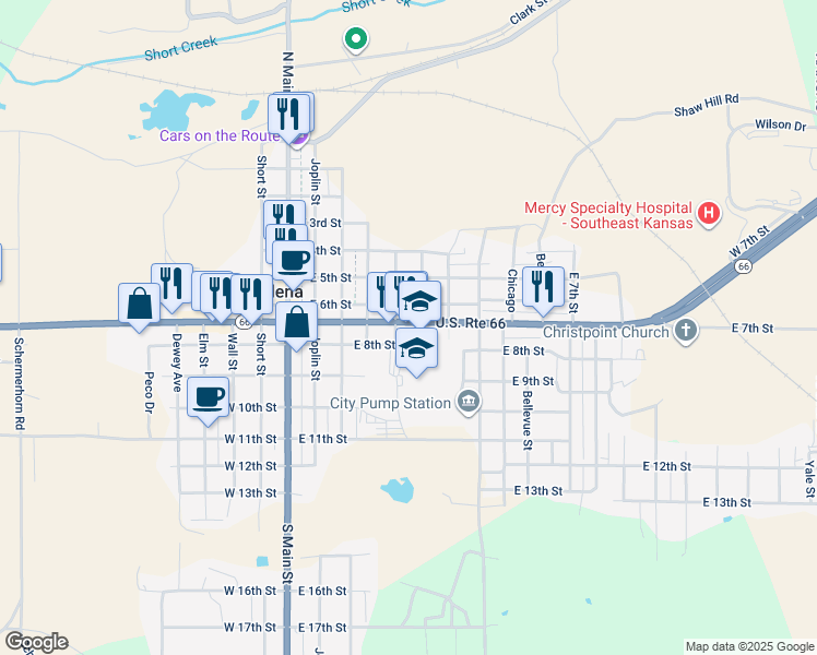 map of restaurants, bars, coffee shops, grocery stores, and more near 499 East 6th Street in Galena