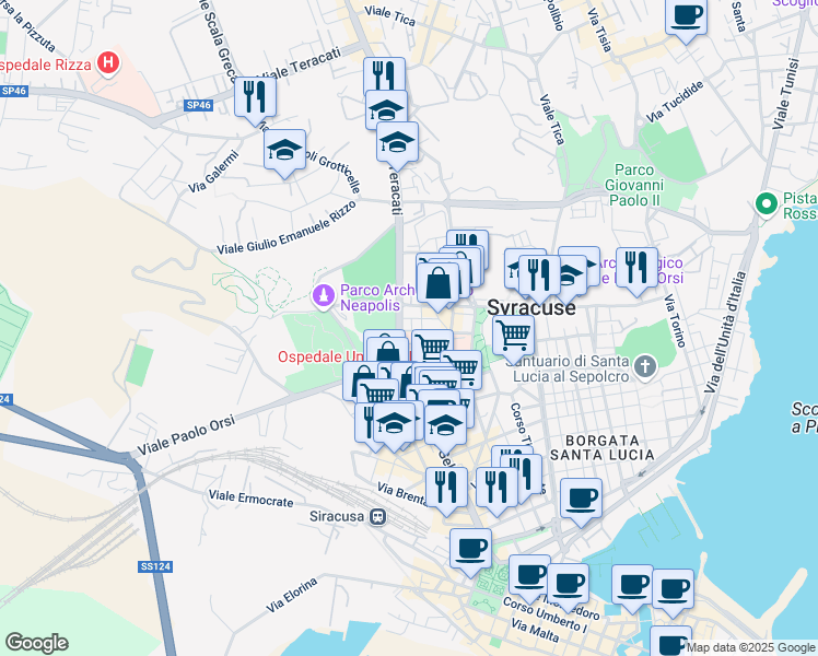 map of restaurants, bars, coffee shops, grocery stores, and more near 149 Viale Teocrito in Siracusa