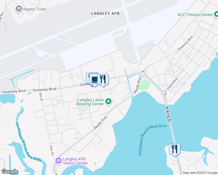 map of restaurants, bars, coffee shops, grocery stores, and more near Cherry Street in Hampton