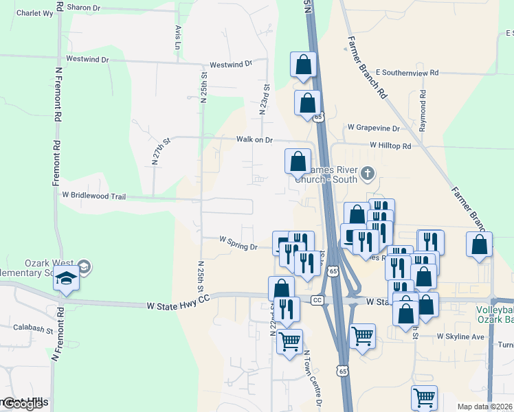 map of restaurants, bars, coffee shops, grocery stores, and more near 6001-6025 North 23rd Street in Ozark