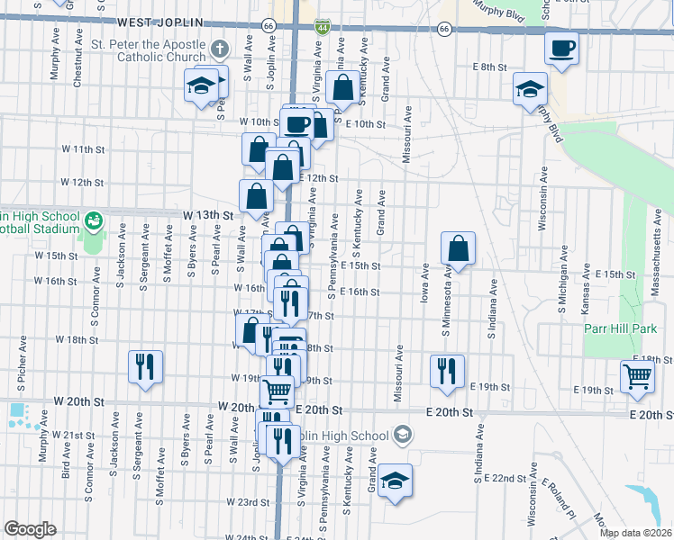 map of restaurants, bars, coffee shops, grocery stores, and more near 1408 S Pennsylvania Ave in Joplin
