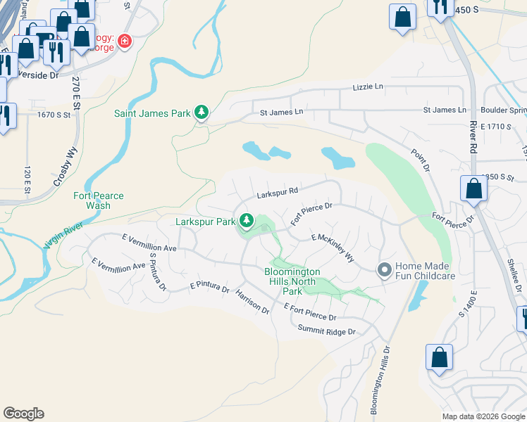 map of restaurants, bars, coffee shops, grocery stores, and more near 1942 Acacia Place in St. George