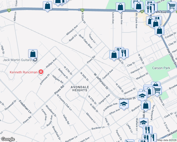 map of restaurants, bars, coffee shops, grocery stores, and more near 674 West Jefferson Street in Paducah