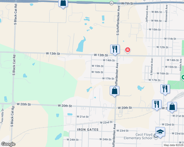 map of restaurants, bars, coffee shops, grocery stores, and more near 1601 South Cleveland Avenue in Joplin