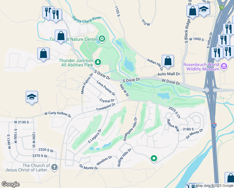 map of restaurants, bars, coffee shops, grocery stores, and more near 668 Lava Pointe Drive in St. George