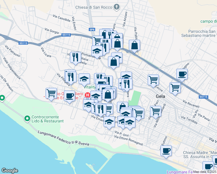 map of restaurants, bars, coffee shops, grocery stores, and more near 30 Via Damaggio Navarra in Gela