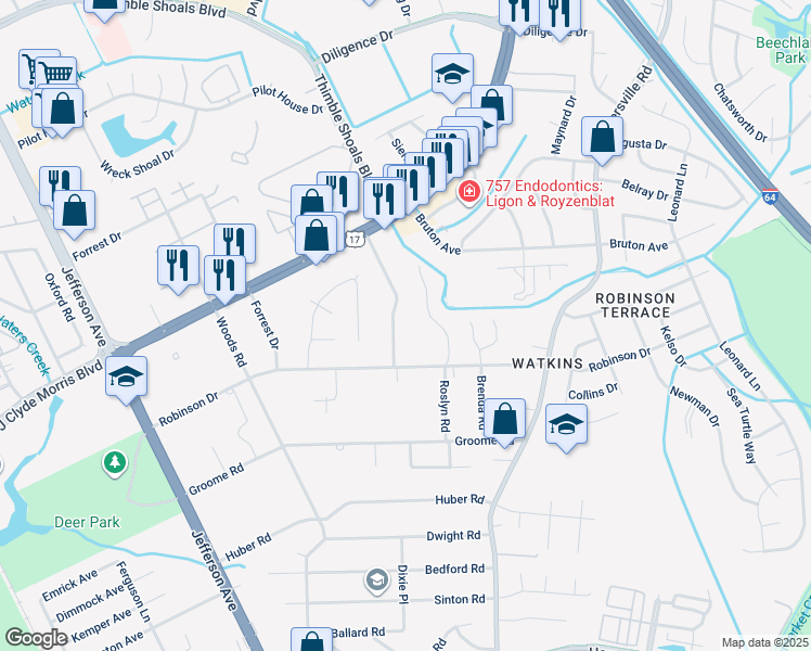 map of restaurants, bars, coffee shops, grocery stores, and more near 212 Pine Grove Road in Newport News